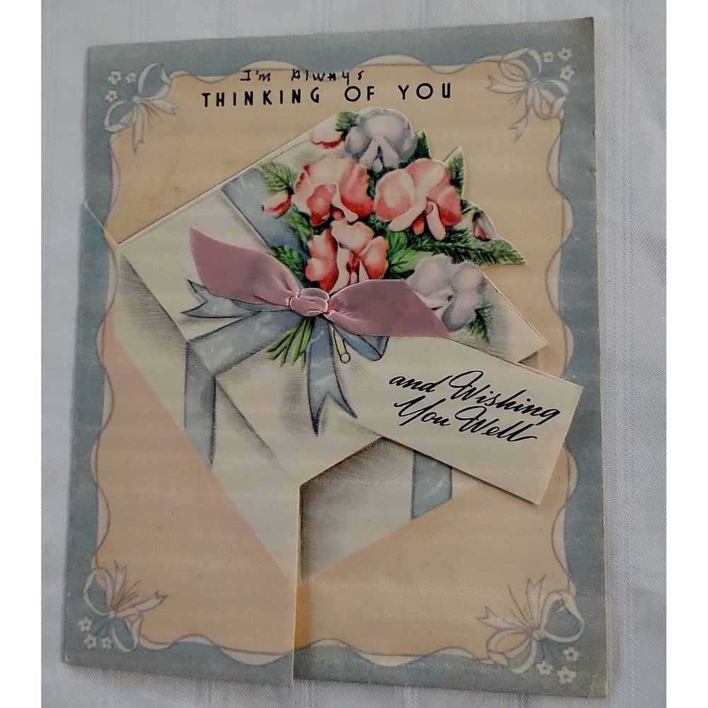 Vintage Get Well Greeting Card Floral Die Cut Embellished Pink Ribbon USA 1940s